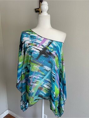 Sunny Leigh One-Shoulder Aqua, Teal & Lime Poncho